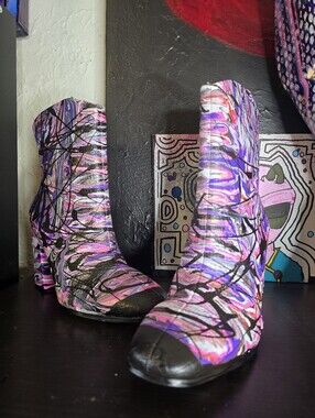 HANDCRAFTED Upcycled Ankle Boots HANDPAINTED Colorful Block Heel Booties Size 10